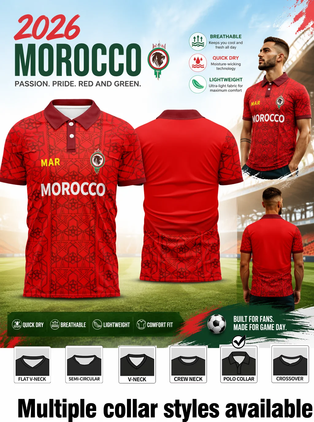 2026 Morocco football polo jersey, traditional geometric‑pattern print and lion emblem, lightweight quick‑dry sport fabric