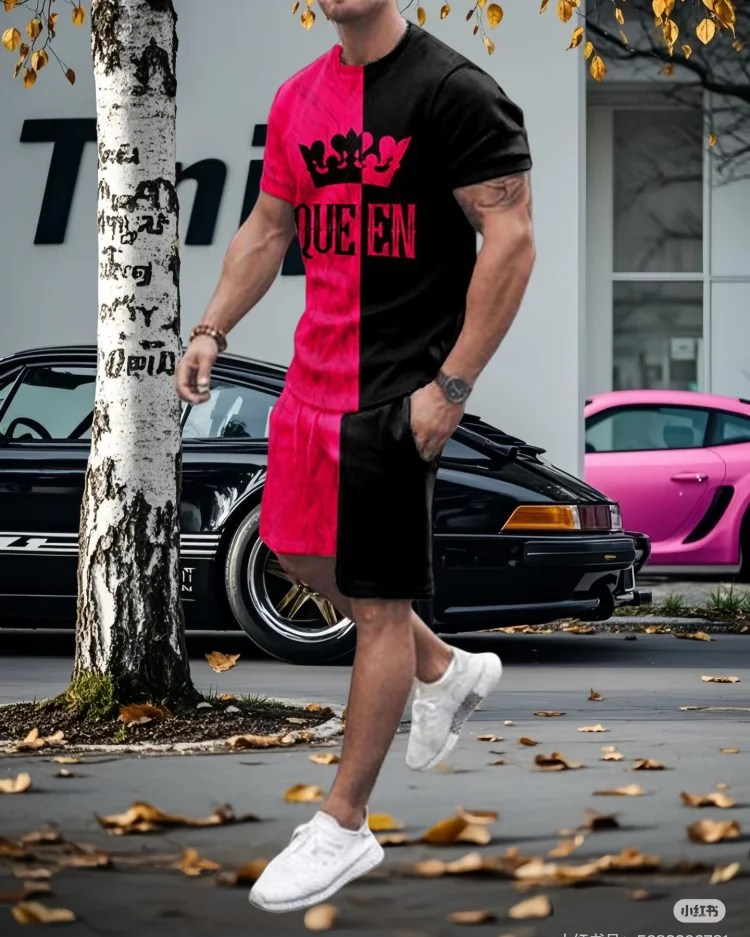 

Summer Men's Fashion Short-sleeved Shorts Simple Color Pattern Printing Casual Street Adult Trend Matching Two-piece Suit
