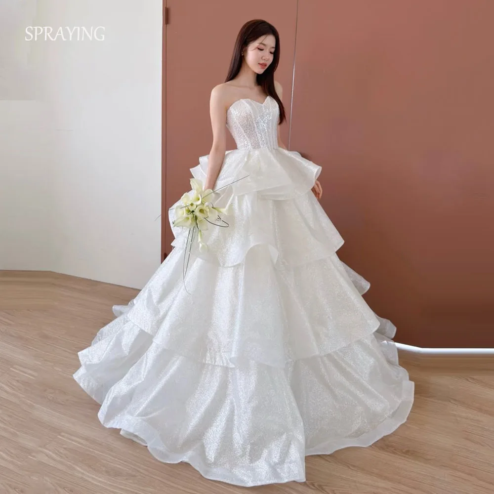 SPRAYING Luxury Sparkly Organza Wedding Dresses Korea Photo Shoot Sweetheart Beaded Bridal Gowns A-line Tiered Corset Customized