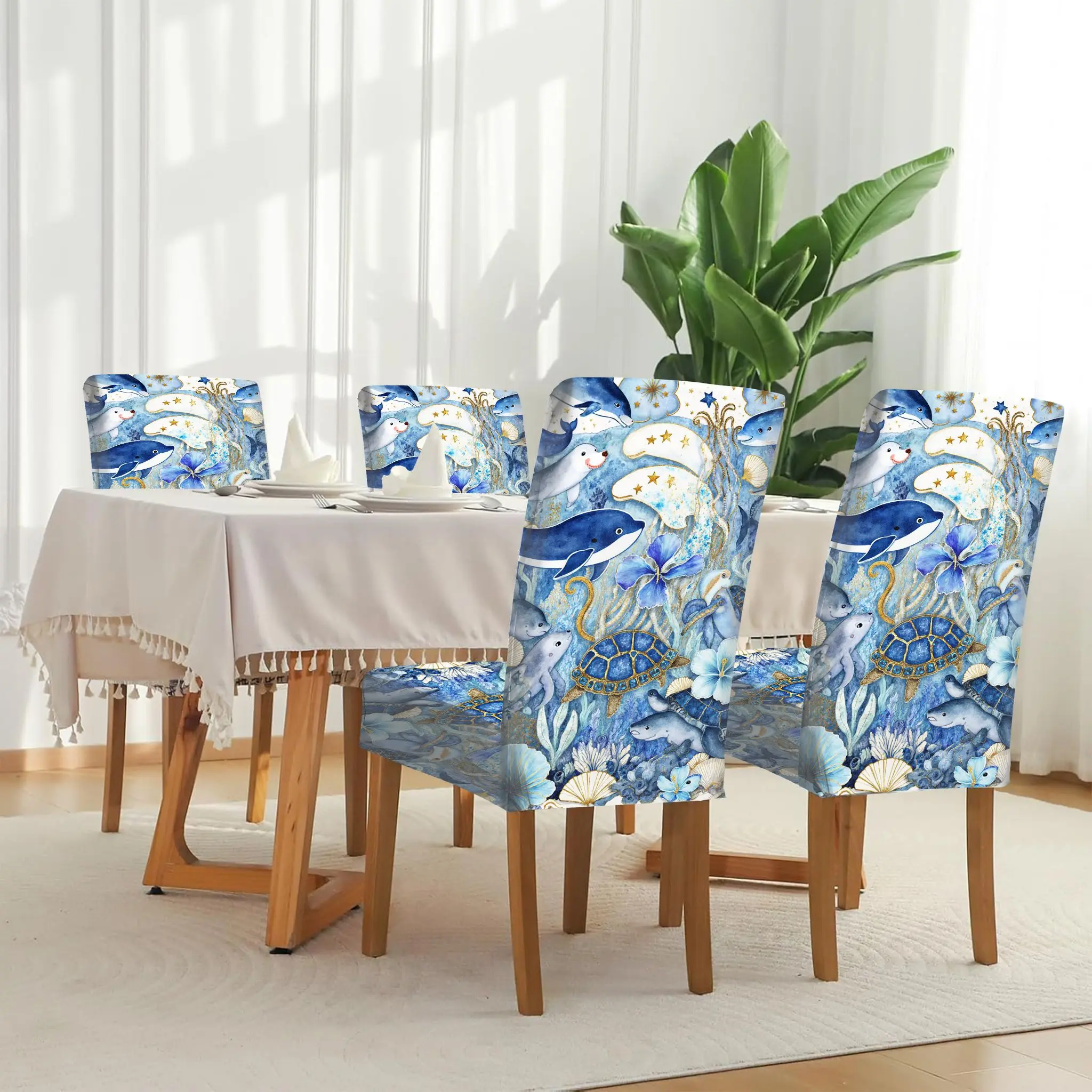 

Эластичный чехол для обеденного стула с акварельной иллюстрацией подводного мира, съемный, моющийся, для домашнего использования.