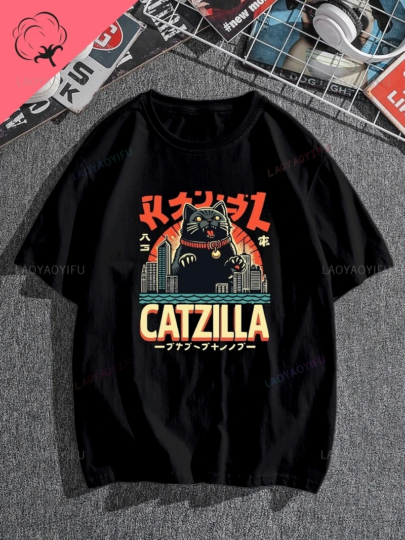 

Классическая футболка с принтом CATZILLA, повседневная модная рубашка унисекс, высококачественная хлопковая футболка с круглым вырезом
