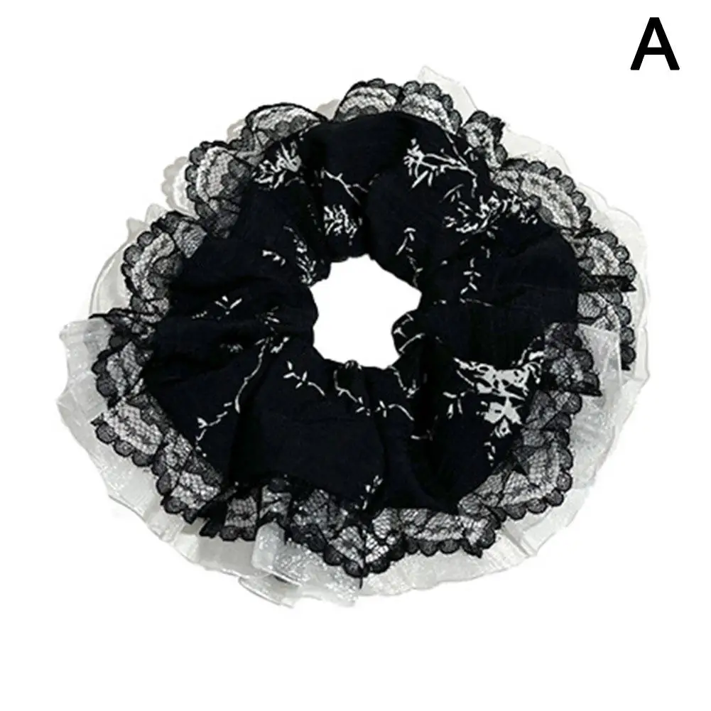 Sweet Girls Lace Trim Jacquard Fabric Scrunchies Ponytail Holder Hair Ties Elastic Hair Rope For Women Girls Hair Accessori M9O1