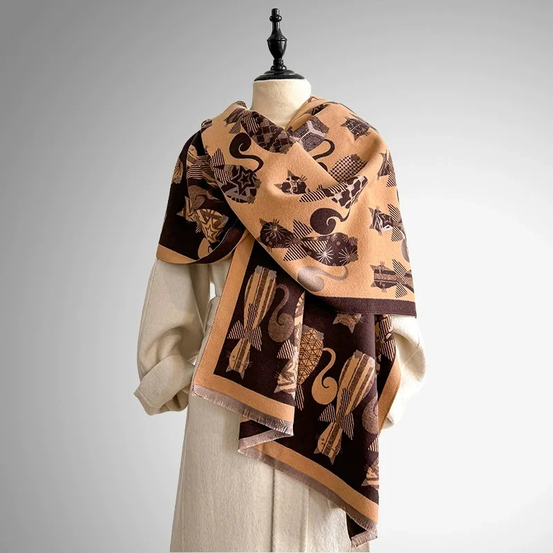 

2025 Luxury Fashion Womens Cat Pattern Shawl Faux Cashmere Warm Autumn Winter Scarf for Mujer Femme Stylish Accessory Bufand
