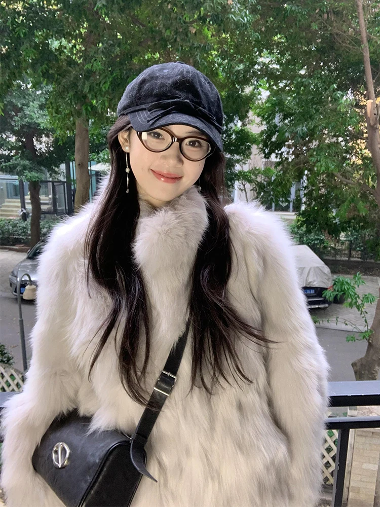 

Fall Winter ort Thiened Fur Jaet Women's Stand Collar Warmth Simulation Leather Coat College Sle Straight Tube pe