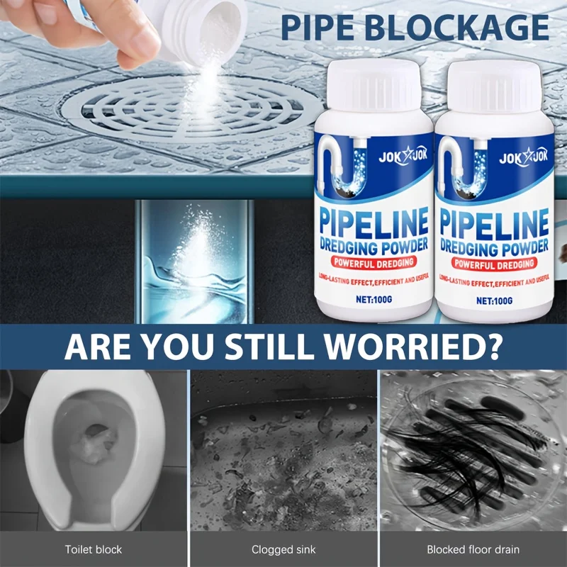 JOKJOK 100G مسحوق تجريف خطوط الأنابيب القوي - مزيل تسد سريع للمركبات الترفيهية والمصارف، يذوب الشحوم والشعر والصابون، آمن على غير PVC