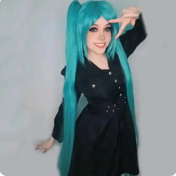 呼び出しロイド-初音ミクコスプレウィッグ合成毛、ロングポニーテール、グリーンウィッグ