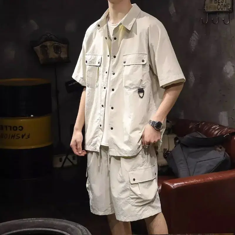 No Logo Khaki Man Sets Fashion 2025 Chic Aesthetic Loose Original Brands Essential Outfits Basic Tee Shirts Shorts Suits for Men