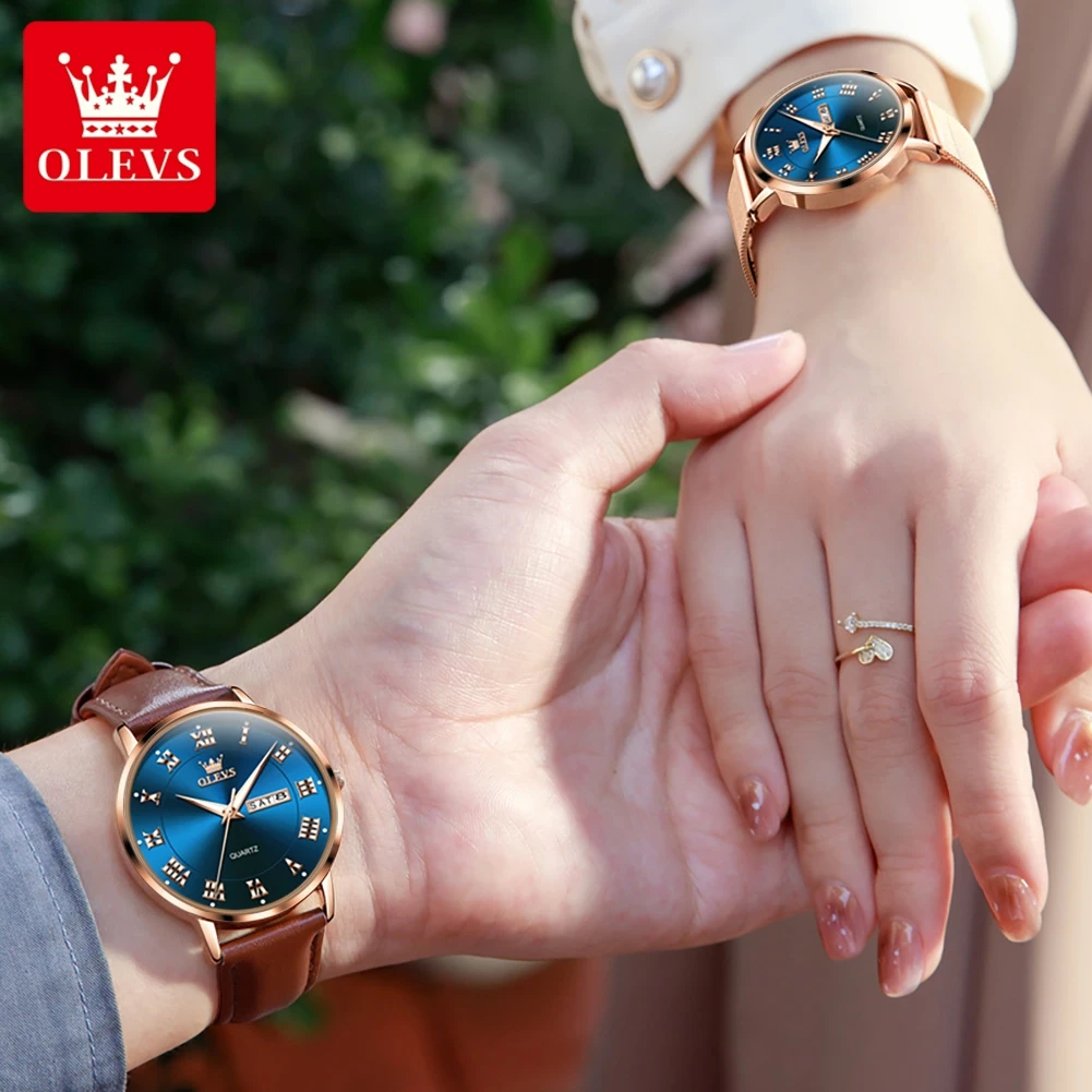 OLEVS-Reloj de lujo para hombre y mujer, cronógrafo de cuarzo con malla de cuero, resistente al agua, luminoso, calendario semanal, a la moda