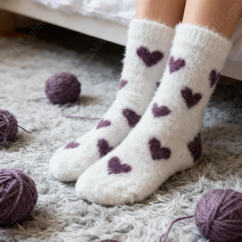 

5PCS/1Set Cute Heart Socks Autumn Winter Thicken Warm Soft Plush Women Socks Coral Fleece Thermal Homewear Floor Socks