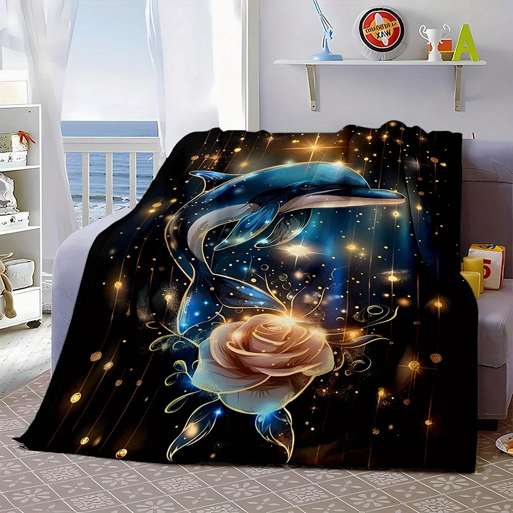 Cute Dolphin Blanket Large Bedspread Heart Rose Flower Throw Cover Romantic Aesthetic Home Bedroom Decor Gift For Her