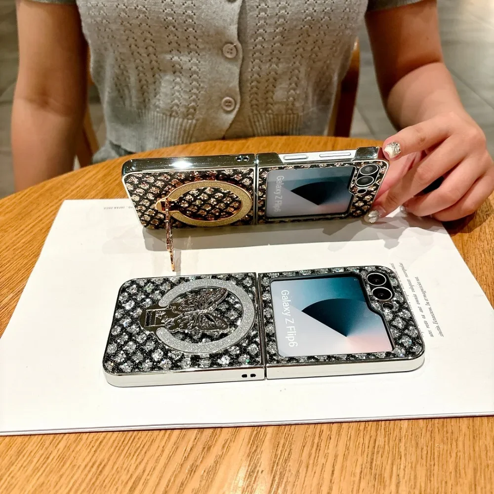 Electroplated Magnetic Leather Phone Case for Samsung Z Flip 6 5 4 3 Flip6 Flip5 Flip4 Flip3 Butterfly Bracket Protective Cover image 4