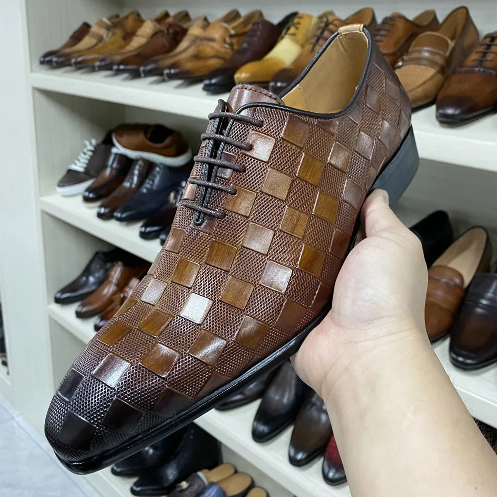 Men\'s Luxury Italian Leather Dress Shoes Fashion Plaid Print Lace-Up Black/Brown Formal Oxford Wedding Office Shoes