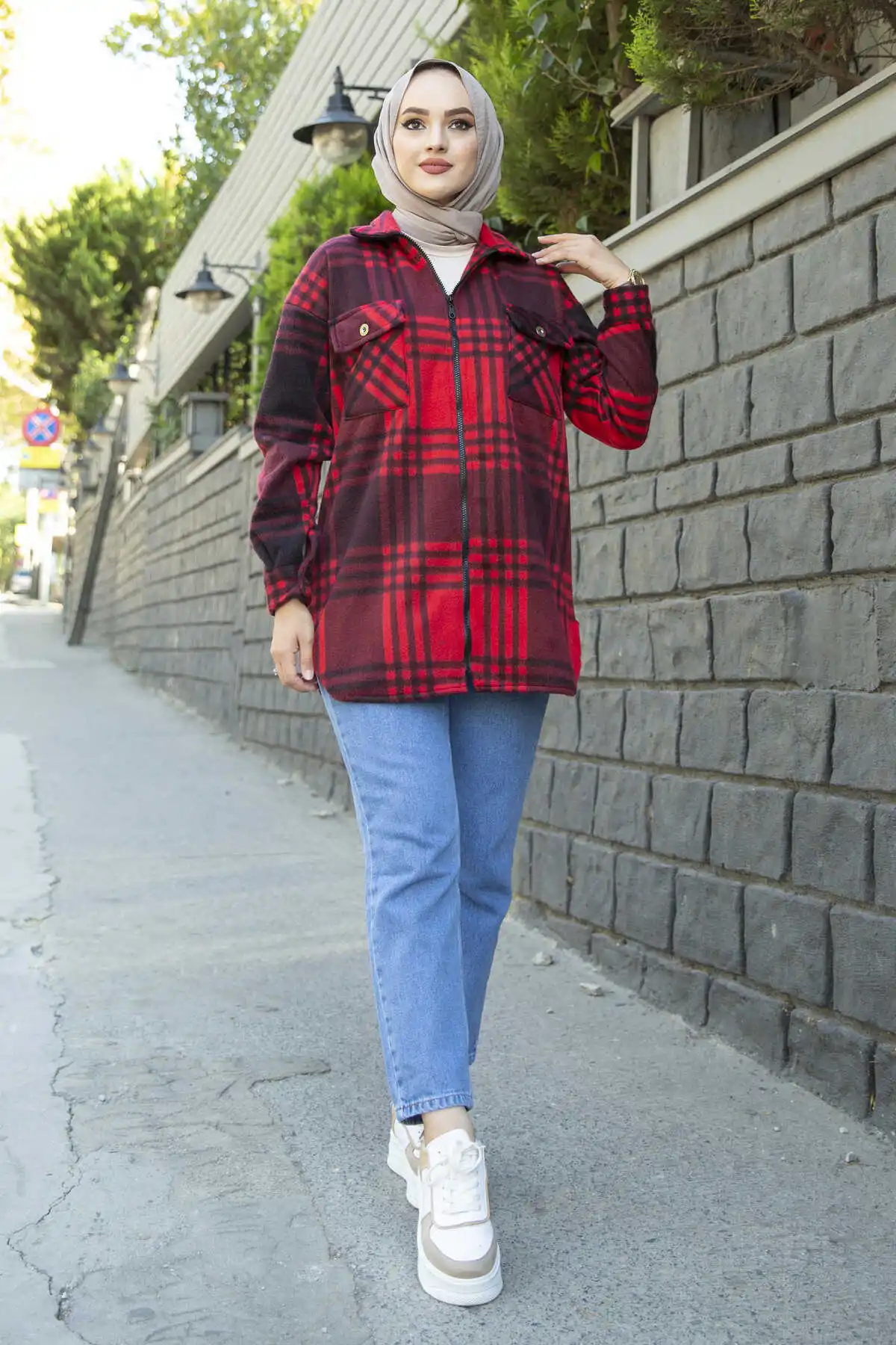 Plaid Pattern Fleece Jacket Red