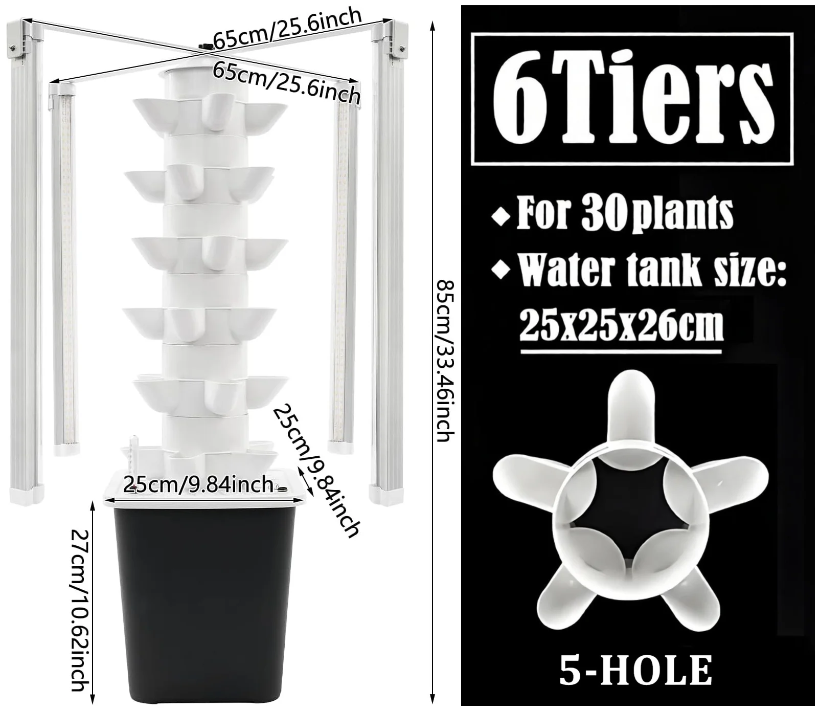 30 Pods 6 Tiers Hydroponic Tower Garden with 4 Full-Spectrum LED Grow Lights,Timer,Seeding Tray for Herb, Lettuce & Strawberries