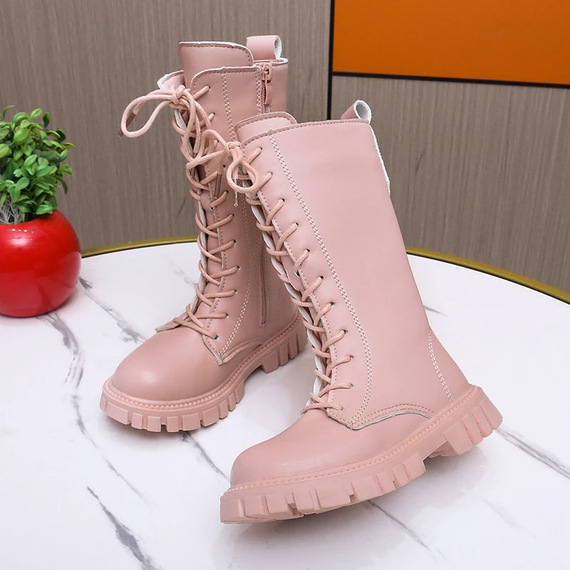 Girl Boats Students Beige Warm Pink Boots Tall Canister Shoes Children Fashion Flat Boots Size 27 To 37 Black Plush Shoes Winter