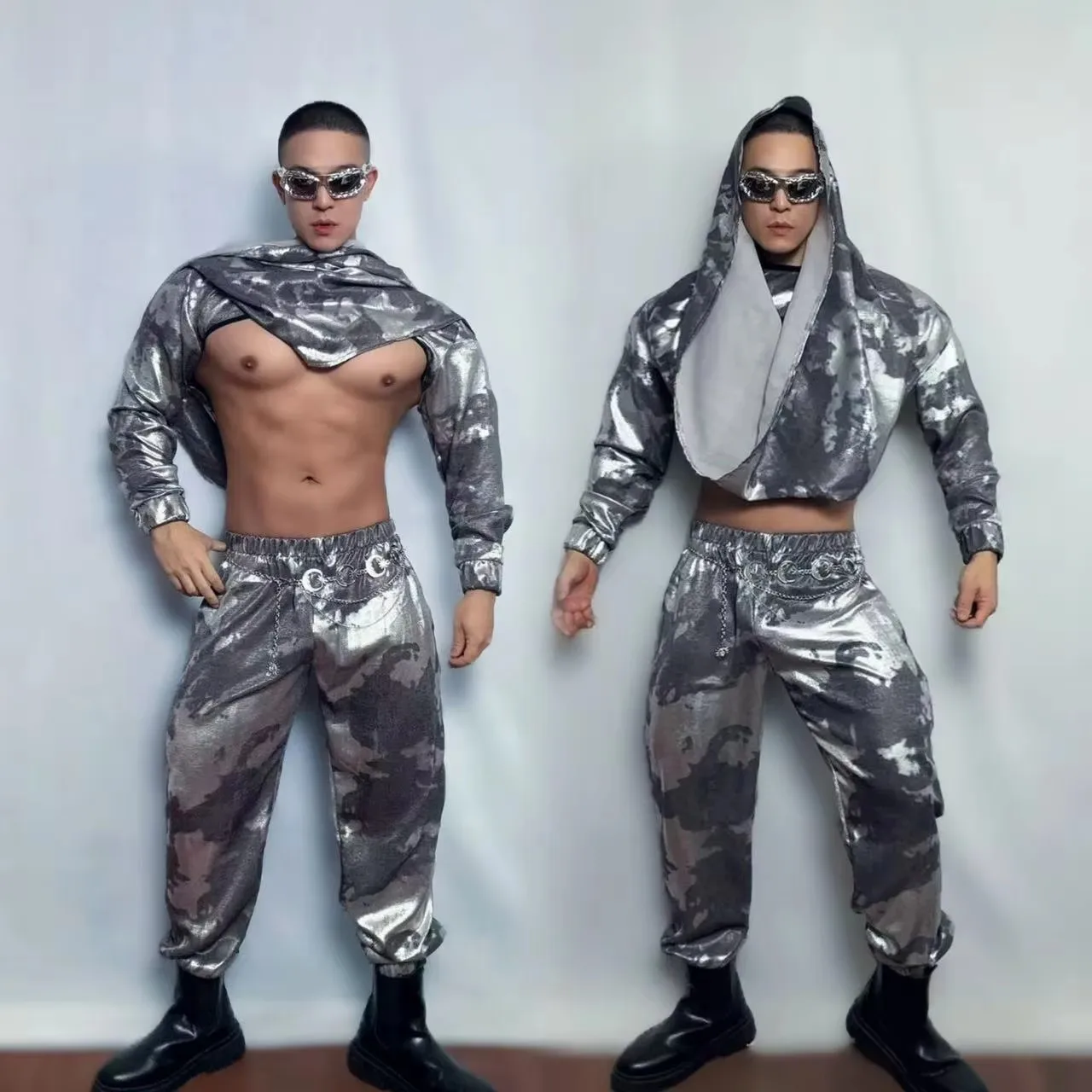 زي أداء المسرح على الطراز المصري للرجال زي راقص جوجو المثير بلوزة فضية مع بنطلون لمهرجان الرقص في الملهى الليلي #1