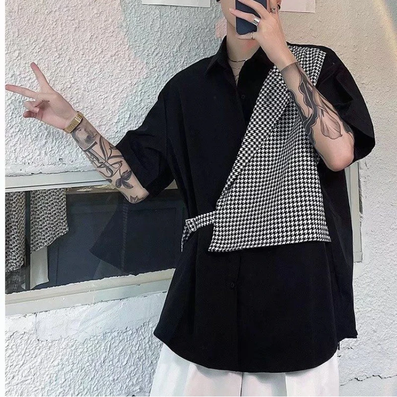 Men's Fake Two Piece Patchwork Korean Blouse Polo Neck Loose Youth Street Casual Shirt Tops Fashion Trend Men Clothing Summer