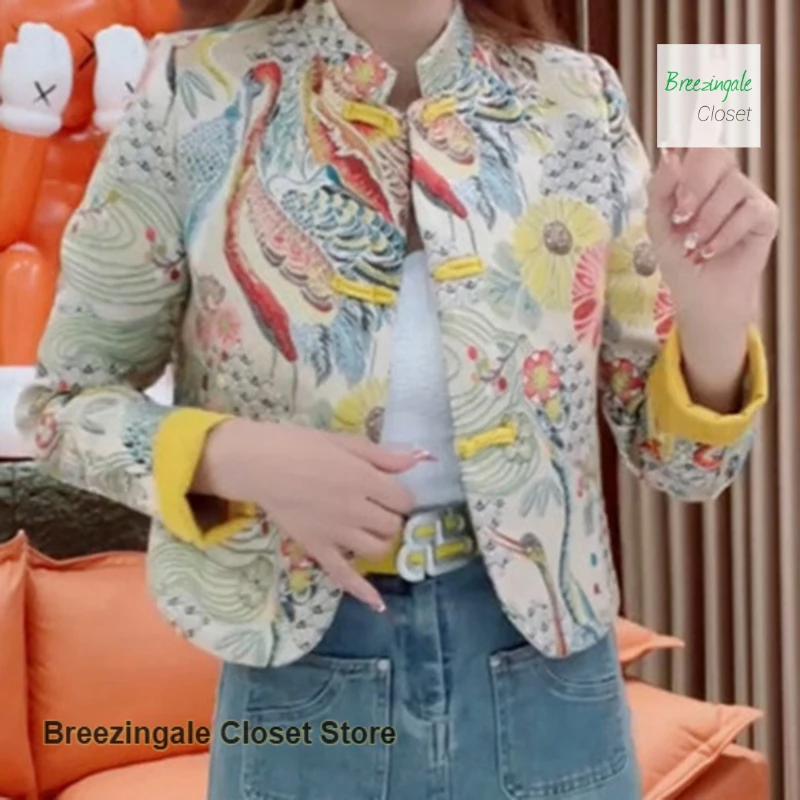 

New Chinese national style fashion print short coat women's spring and autumn new high-grade temperament collar buckle coat