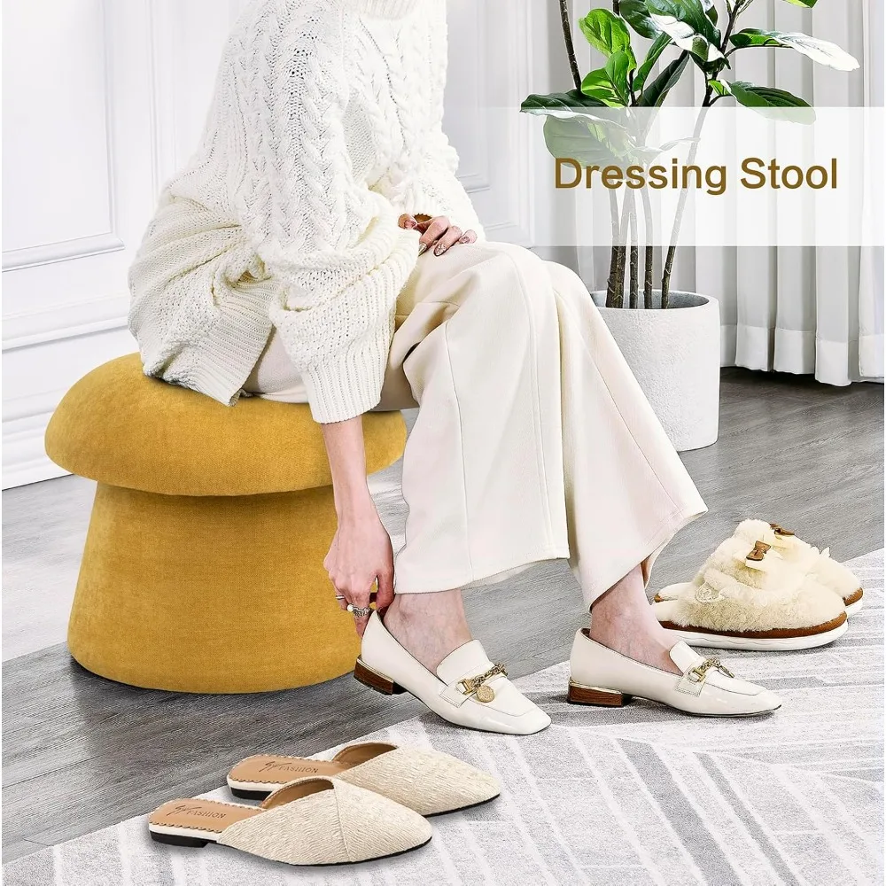 مجموعة مسند للقدمين مع مساحة تخزين، مقعد فانيتي للفطر، مسند قدم مستدير من قماش الشنيل، مقعد إضافي