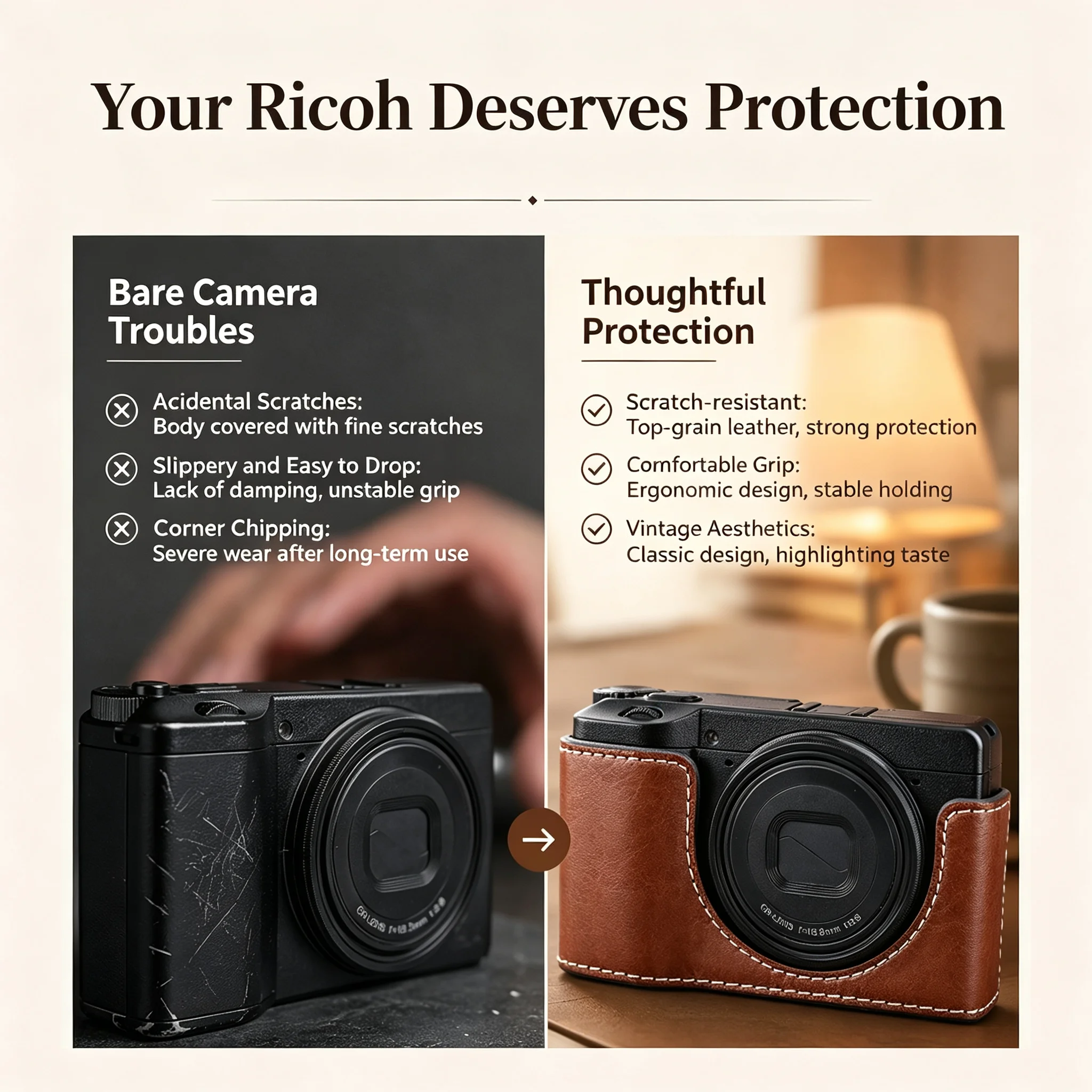 Vintage Genuine Leather Half Camera Case Handmade Protective Bag Fit Ricoh GR IV GR4 Shockproof Portable Camera Accessories
