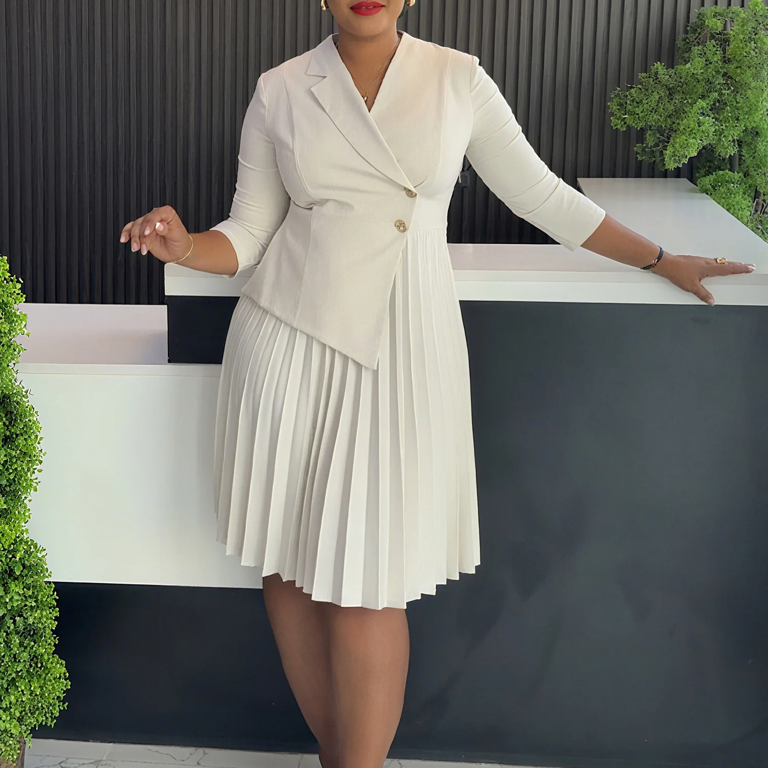 

Women Dresses Solid Dress Pleated Button Notched Collar Three Quarter Sleeve Knee Length Dress Oversize Loose 2025 Autumn Winter