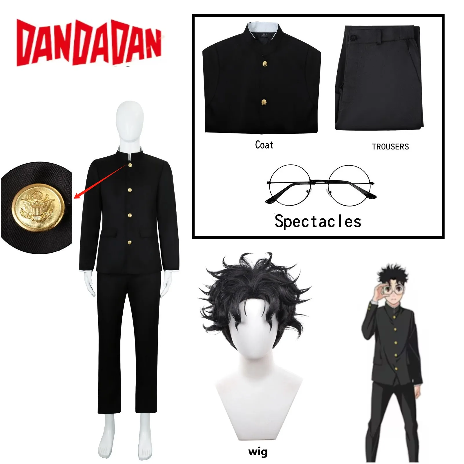 Ken Takakura Cosplay Costume Wig Anime Dandadan Okarun School Uniform Glasses Black Jacket Pants Gakuran Halloween Party Men