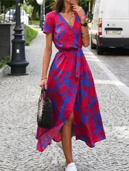 Summer Print Casual Dress Fashion V Neck Short Sleeve Office Clubwear Party Dresses For Women Elegant Loose Lace Up New Vestidos
