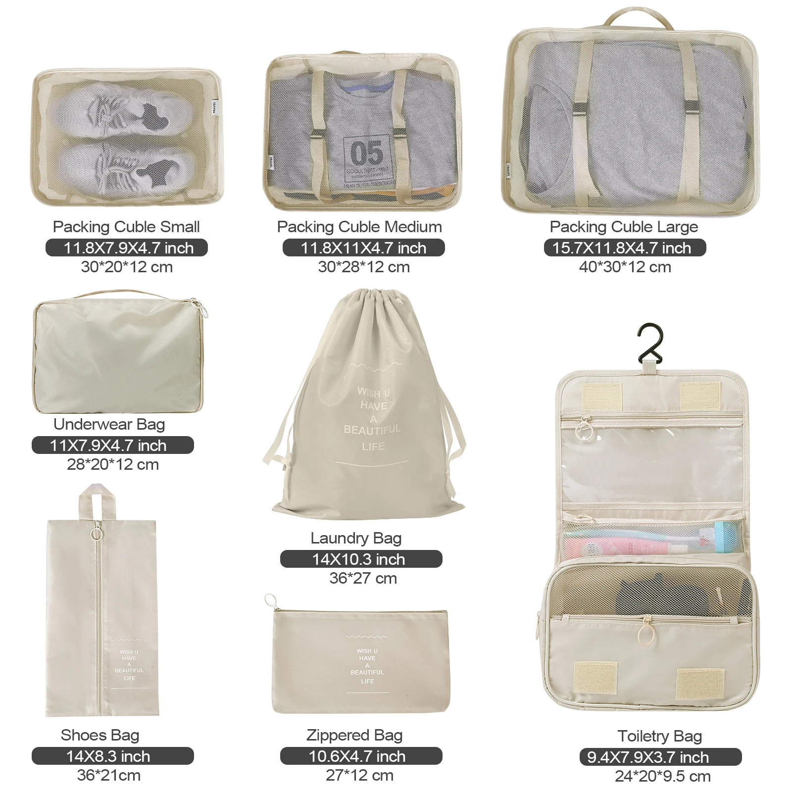 Juego de bolsas de almacenamiento de equipaje de gran capacidad, 8 piezas, Cubo de embalaje, ropa interior, cosméticos, bolsa organizadora de viaje, artículos de tocador