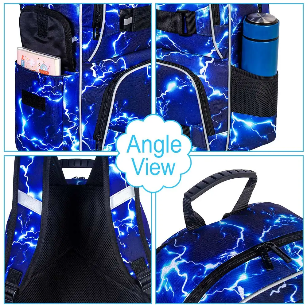 3 ชิ้นกระเป๋าเป้สะพายหลังเด็กชายสายฟ้า, 16 นิ้วกระเป๋าแล็ปท็อปโรงเรียนวัยรุ่นวิทยาลัยกันน้ำเด็กกระเป๋าเป้สะพายหลังพร้อมกล่องอาหารกลางวันชุดสีฟ้า