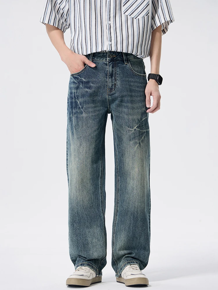 

KSTUN Vintage Washed Baggy Jeans Men Whisker Lightning Design Stretchy Loose Straight Wide Leg Denim Pants Streetwear Clean Fit