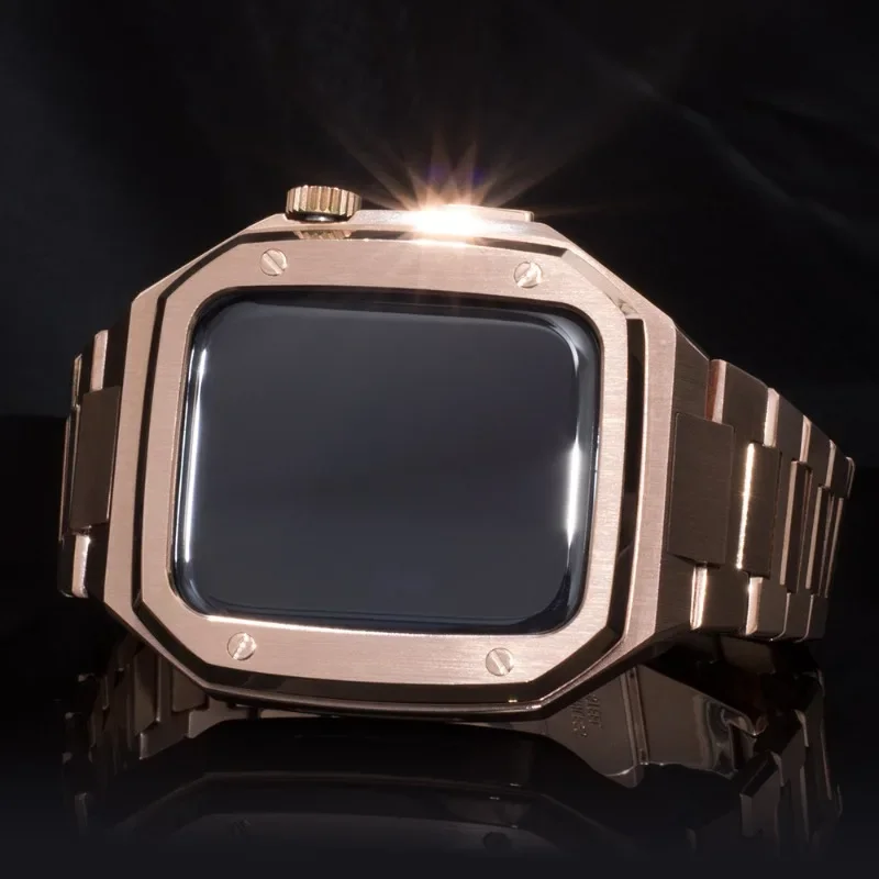 アップルウォッチ用の一体型ステンレススチールストラップ付きメタル保護ケース,Apple Watch 5,6,7,8世代に適しています