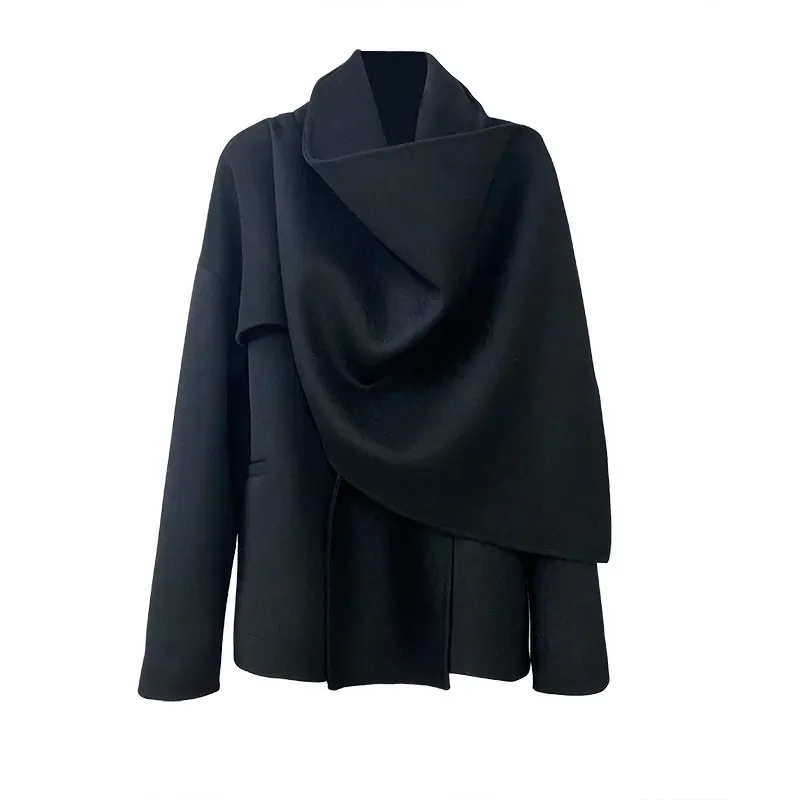 High Quality Both Side 3 Colors Options Long Sleeve Designed Scarf Collar Winter All Match Women Wool Solid Cape Coat