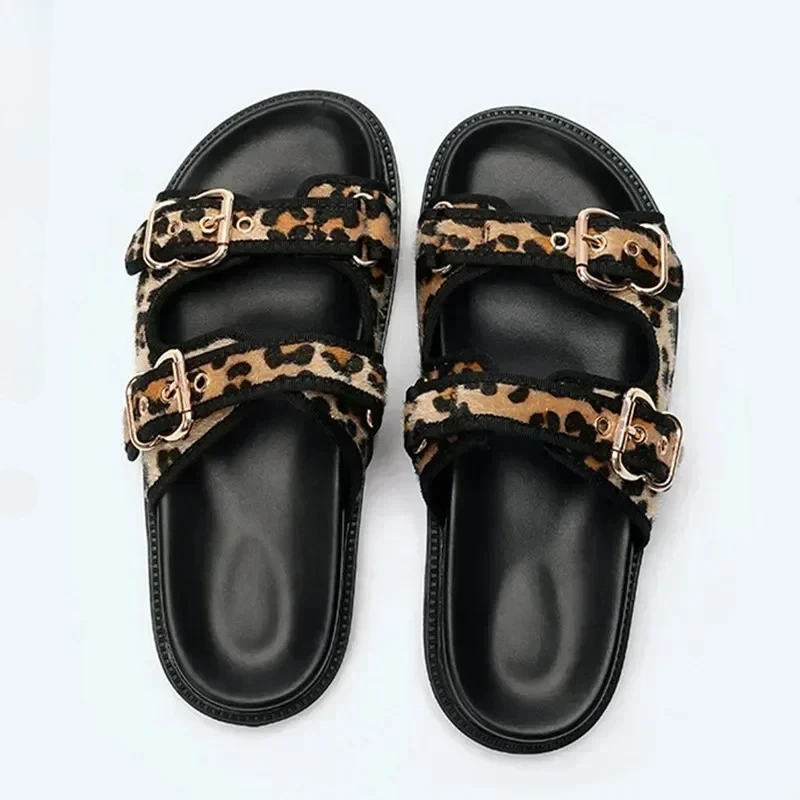 

High Quality Leopard Metal Buckle Design Women Slippers Sexy Comfort Non Slip Slide Sandals Summer Size 43 Platform Flip Flops