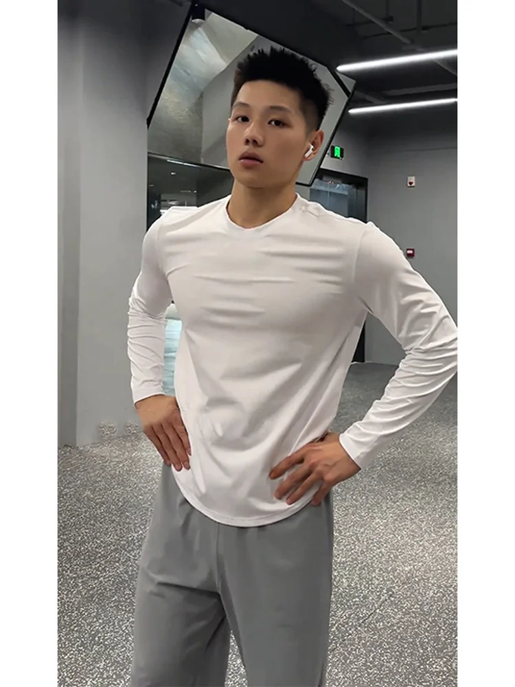 

White Fitn Training Clothing Men's Slim Fit Long Sve T-irt American Pure Cotton Base irt Muscle Enhancing Sportswear