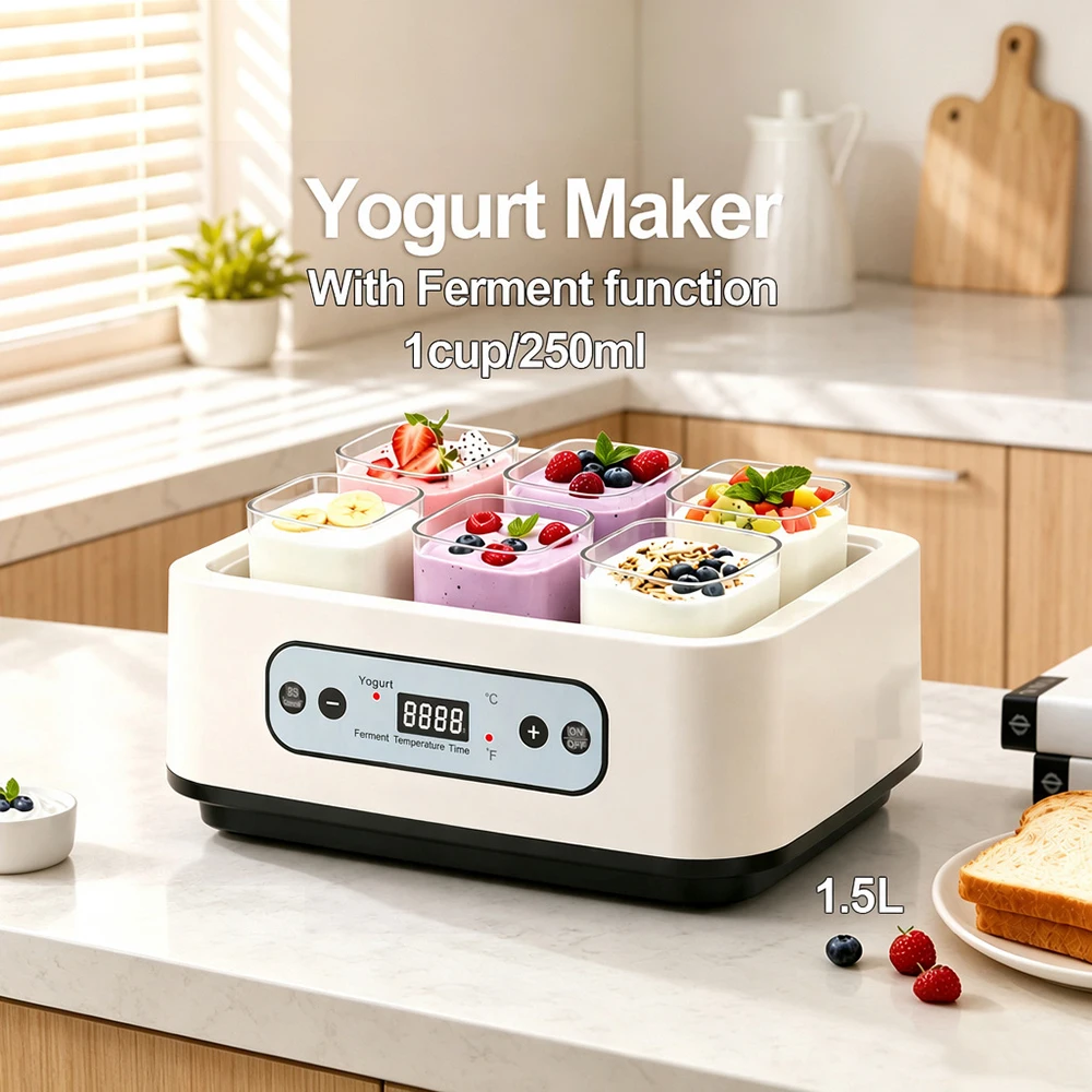 110V/220V Automatic Yogurt Maker with 6 Cups Adjustable Temperature Time Yogurt Maker Multi-functional Ice Cream Pudding Maker