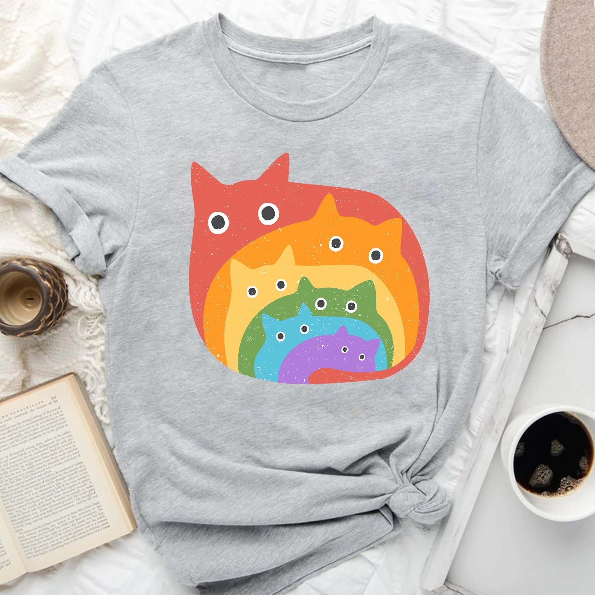 Camiseta Unissex Estampada Gatos Arco-Íris, Manga Curta, Gola Redonda, Solta, Estilo Harajuku Casual, Tamanhos Grandes