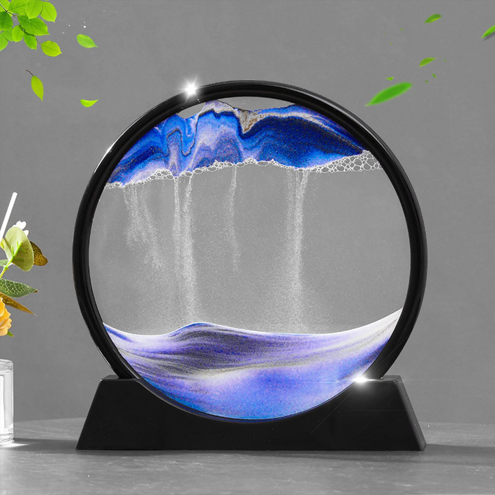 Dynamic Quicksand Desk Decor,Glass Moving Sand Art Dome for Home & Office,Blue red yellow 3D Flowing Sand Art Glass Decoration