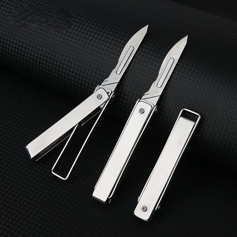 Stainless Steel Folding Scalpel Portable Mini Key Chain EDC Outdoor Box Opening Pocket Knife with 10 Replaceable 24 # Blades