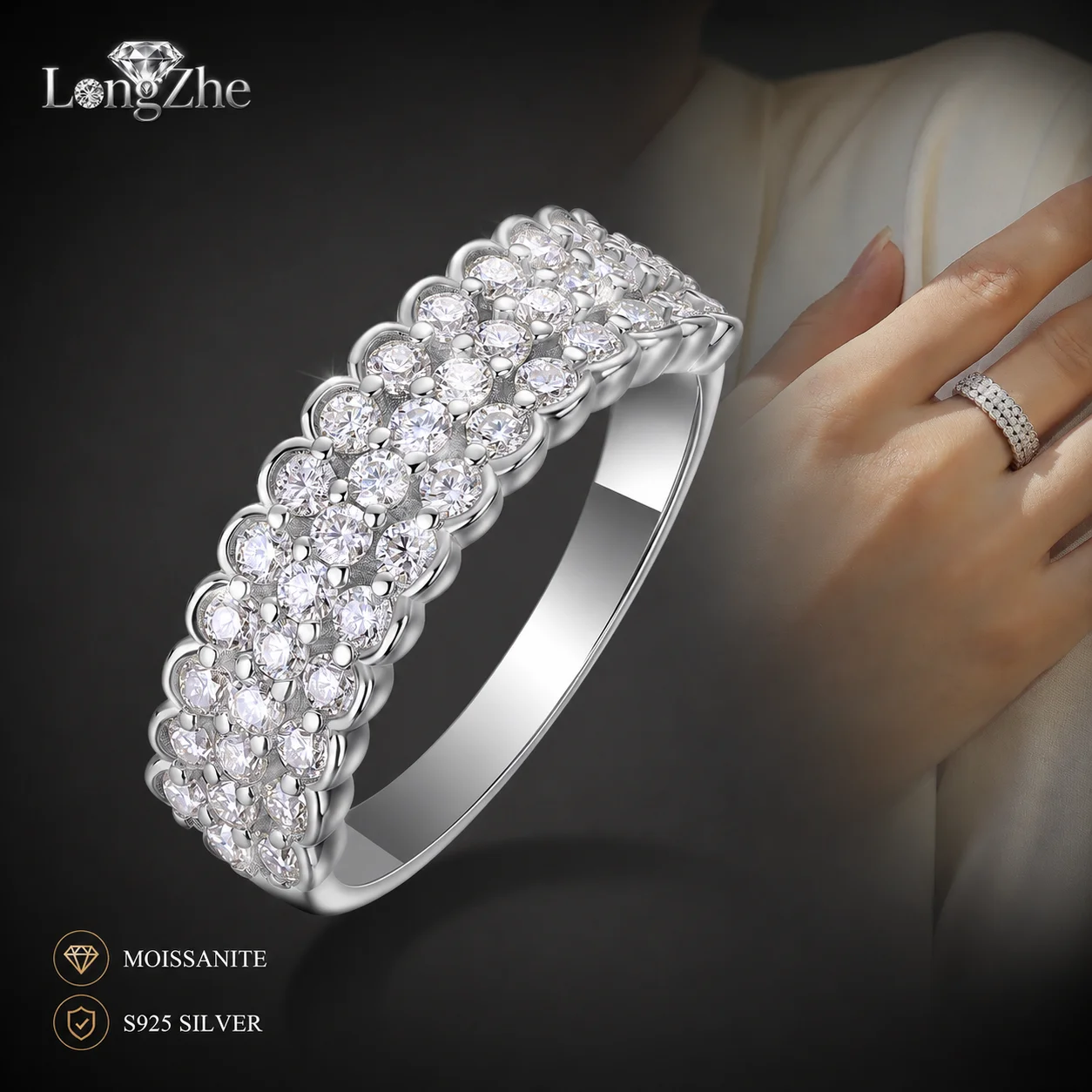 LongZhe S925 Sterling Silver Moissanite Ring 1.7mm 42 Stones Pave Band Silver 925 Rings Stackable Daily Gift for Women