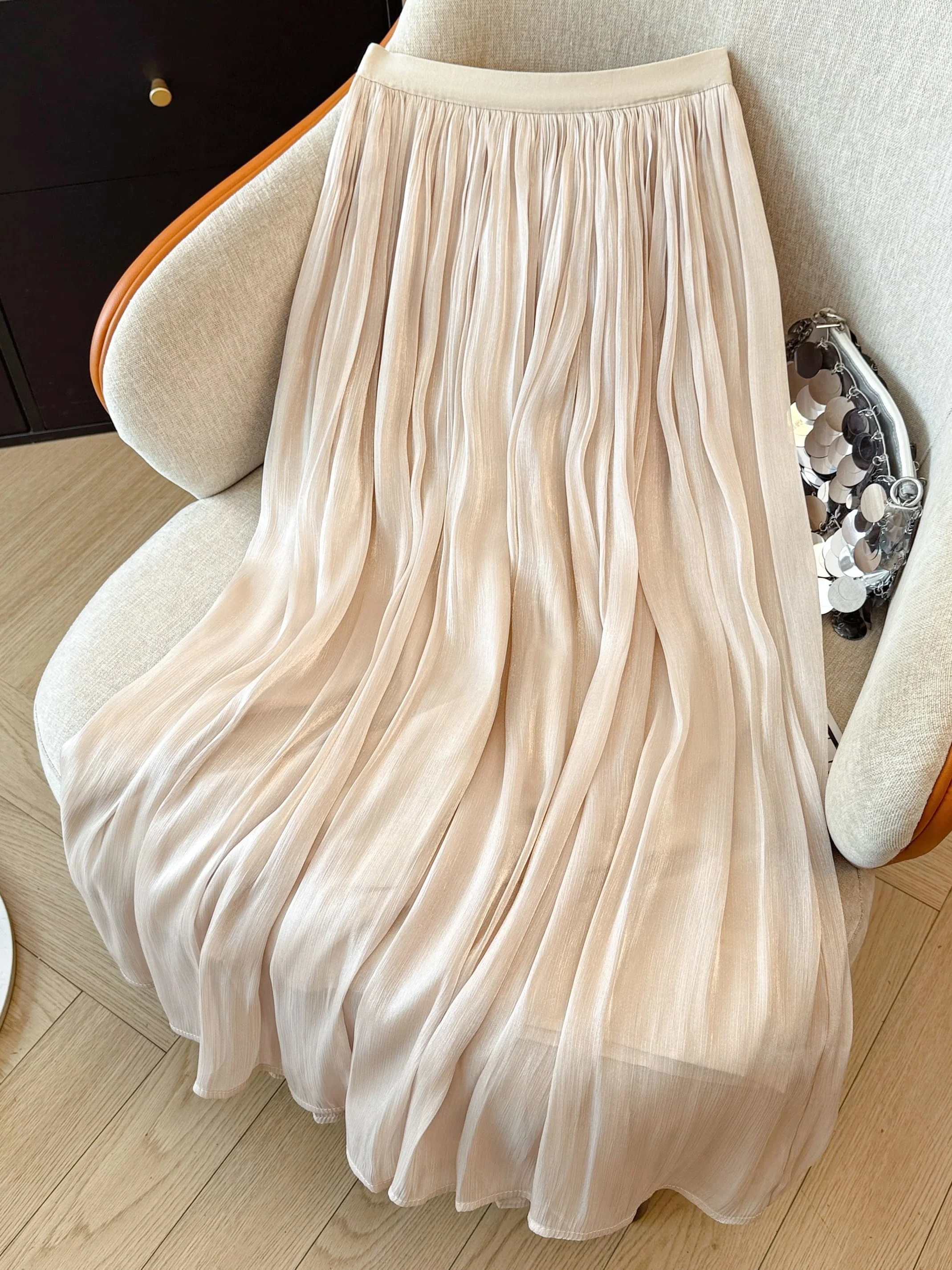 Elegant Ice Silk Gauze Halter Neck  Dress Women's Summer New Loose Waist Pleated Drapey Midi A-Line Skirt Korean Style