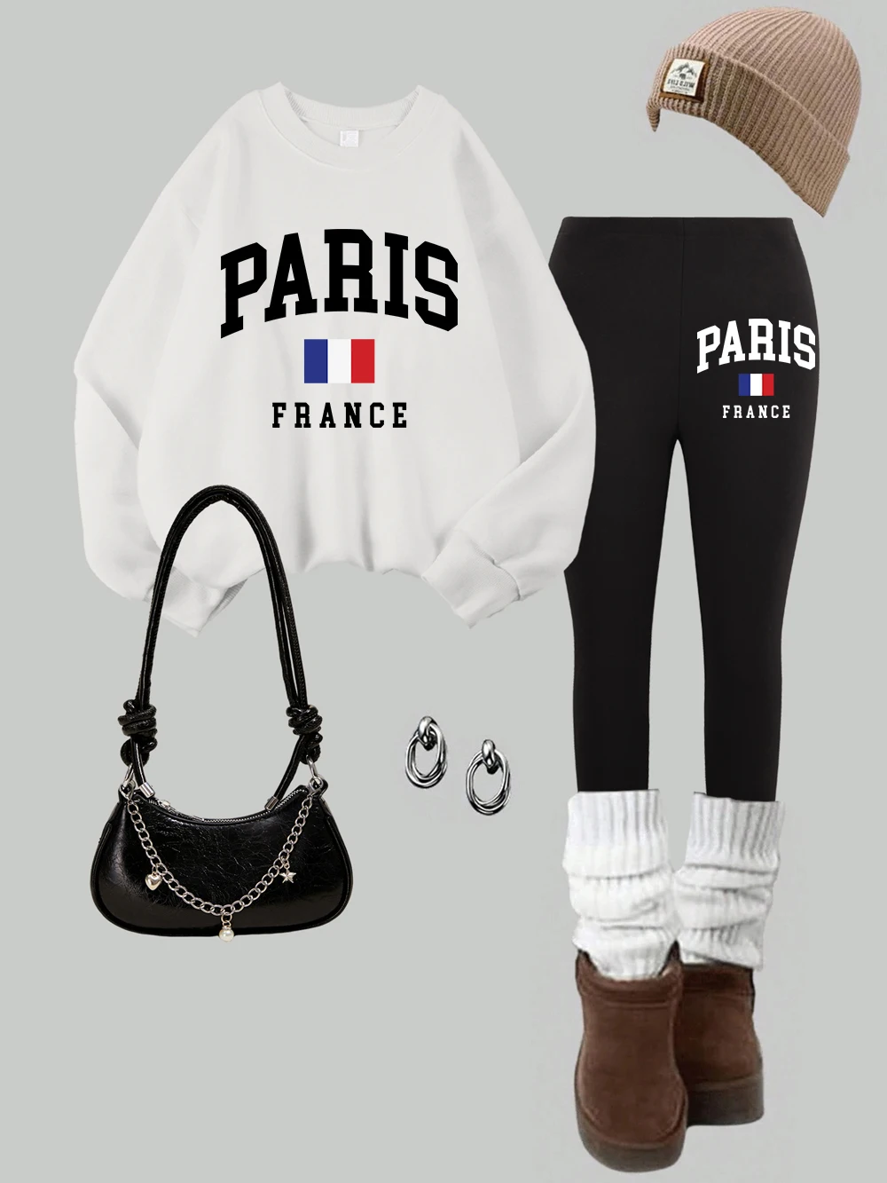 2 Piece Women Paris France Flag Printing Sweatshirt Leggings Set Autumn Fleece Thermal Hoodie Pants Street Casual Woman Clothes