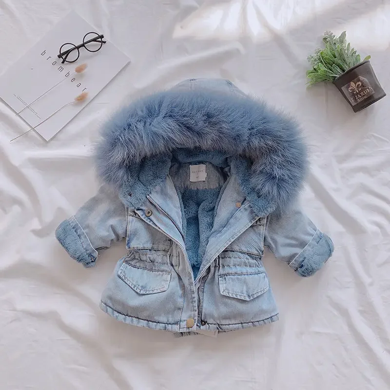 Giacche per bambini per ragazze Parka abbigliamento per bambini inverno neonata calda giacca di jeans spessa pelliccia con cappuccio capispalla per