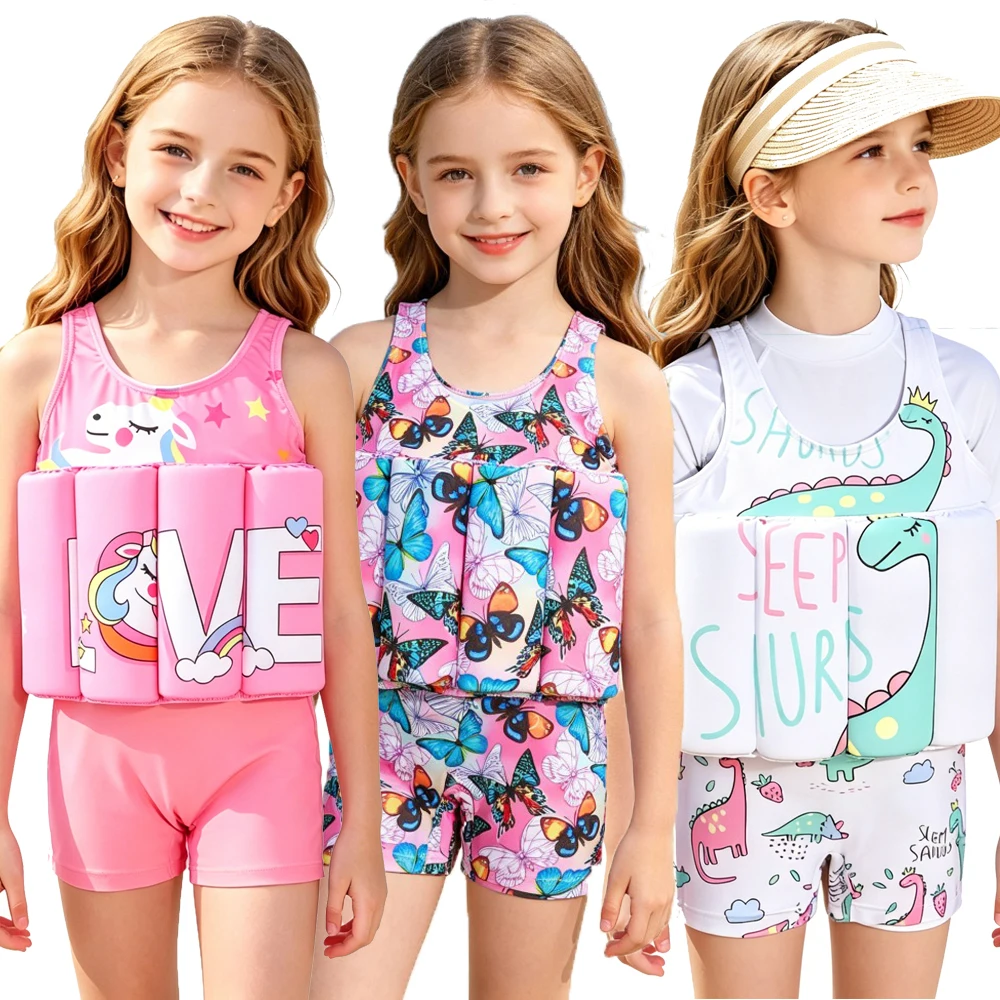 

Girls Swimsuit Buoyancy Swimwear for Kids Toddler Baby 1 2 3 4 5 Years 1 Piece Pink Unicorn Butterfly White Dino Float Swim Vest