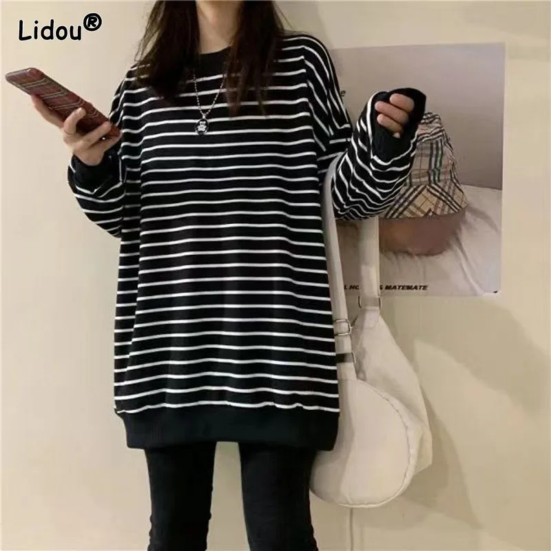 Loose Sweatshirts Plus Size O-Neck Leisure Cotton Women Clothes Batwing Sleeve Striped Printing Slight Strecth Pullover Fashion