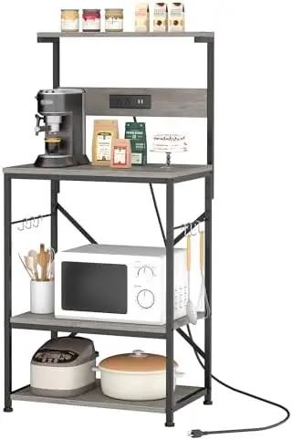 

Kitchen Bakers Rack with Power Outlet, Microwave Stand with 6 S-shaped Hooks, 4-Tier Coffee Microwave Rack (23.62'', Gr Laddle