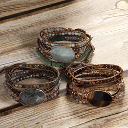 Fashion Boho Beaded Bracelet Handmade Mixed Natural Stones & Crystal Stone Charm 5 Strands Wrap Bracelets Women Gift