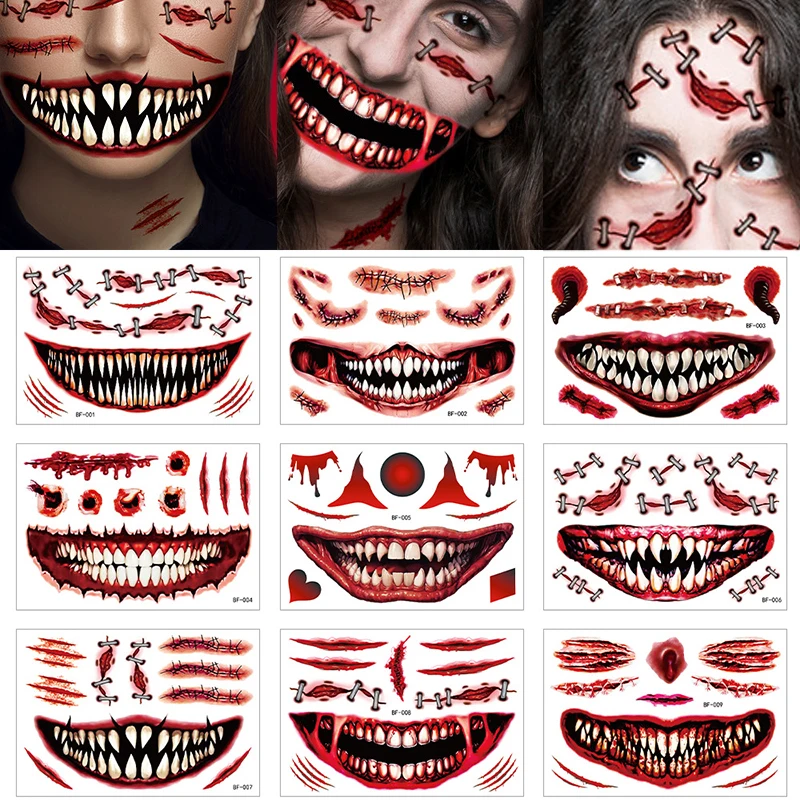 

Halloween Tattoo Face Sticker Horror Bloody Wound Zombie Scar Waterproof Temporary Tattoos Party Body Art DIY Makeup Decal