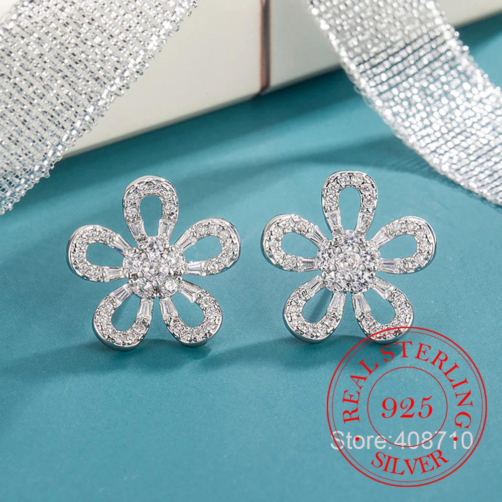 925 Sterling Silver Jewelry Crystal Hollow Flower Stud Earrings for Women Wedding Party Jewelry For Girls Friend Gift