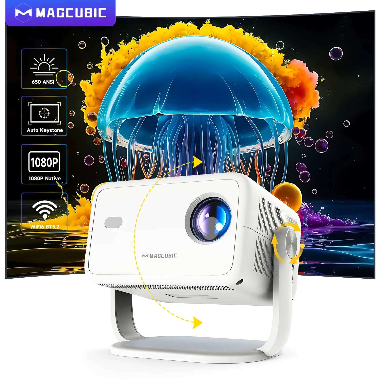 Magcubic 650ANSI L018 Projector 4K Auto Focus&Keystone Correction 1080P Android11 360° Rotate BT5.2 WIFI6 Portable Voice Outdoor