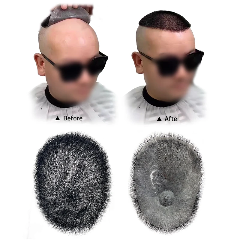 100% Human Hair 15*20cm Men's PU Topper Black Buzz Cut Toupee Ultra Thin Breathable Natural Looking Daily Hair Accessory